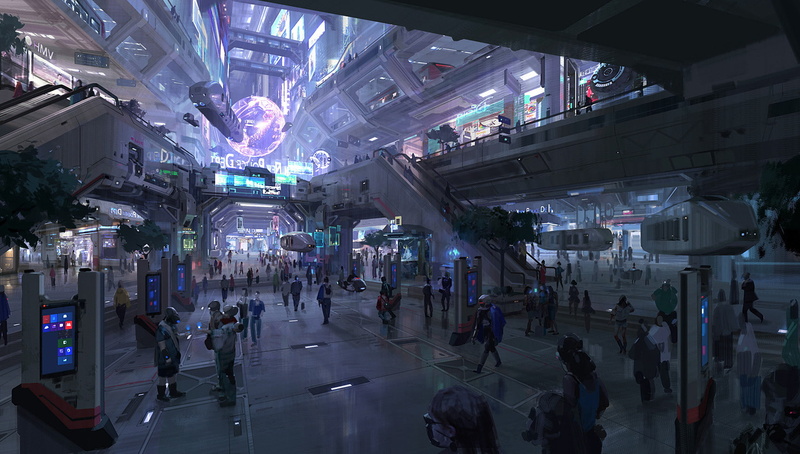 Futuristic City, Fan Art, illustration, Futuristic, digital art, fantasy Art, Mall, chenxi kang, 720P, science fiction