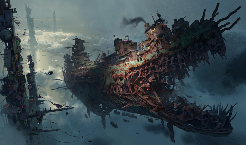 Battleship, 1080P, tower, clouds, horror, ship, science fiction, Chenxi Kang, digital art