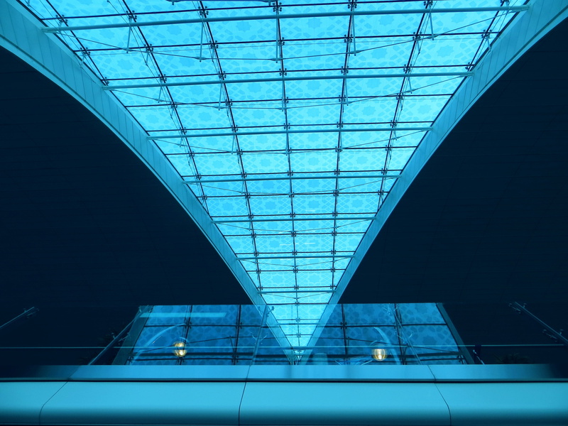 low angle view, flight, destination, vacation, airport, 4K, building, uae, glass, clean, reflection, alloy, entrance hall, lighting equipment, futuristic
