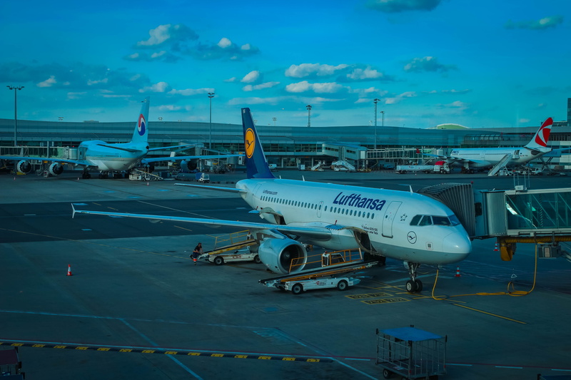 commercial airplane, arrival, prague, passenger boarding bridge, air vehicle, leaving, airplane, travel, cloud - sky, outdoors, lufthansa, aircraft, connection