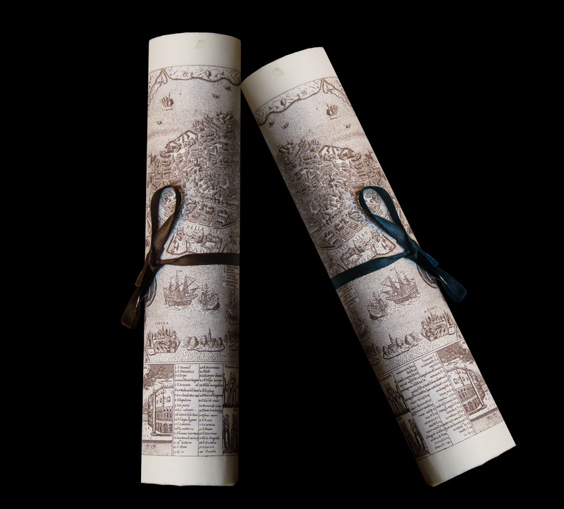 two objects, rolled up, rolled, studio shot, text, art and craft, 4K, close-up, high angle view, non-western script, wood - material, parchment, document