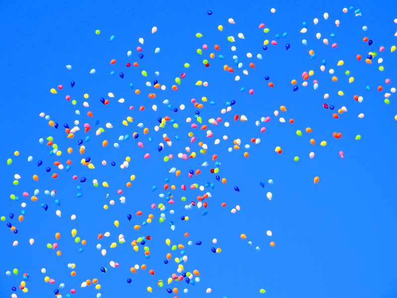 low angle view, blue sky, 4K, mid-air, balloons, sky, celebration event, abstract, birthday, celebration, abundance, colors, move, balloon, fun, no people