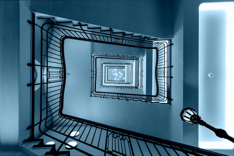 design, moving up, steps and staircases, built structure, cyan, metal, architecture, directly above, diminishing perspective, staircase, blue, directly below