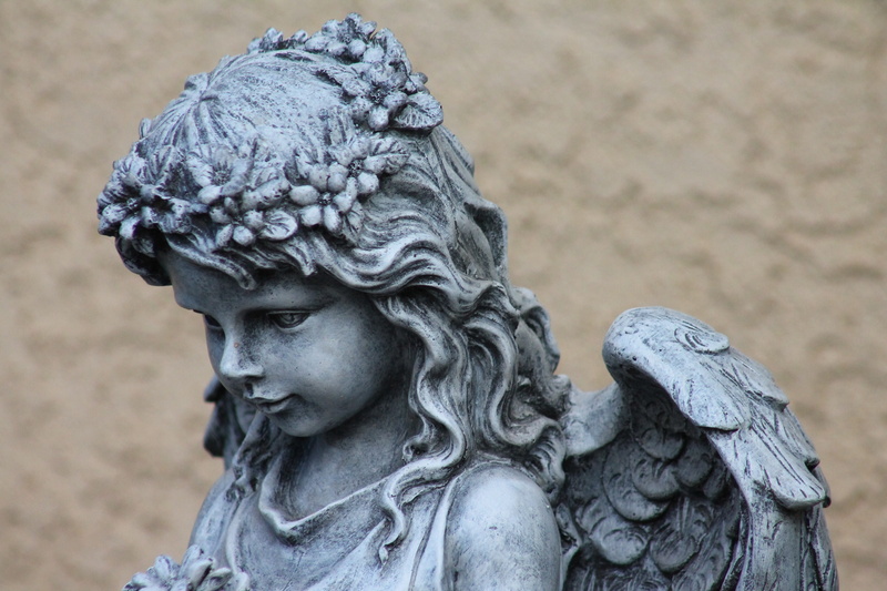 creativity, female likeness, guardian, figurine, religious sculpture, flower headdress, decoration, carving, garden art, religion, statue, angelic protection