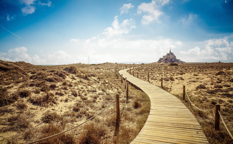 scenics - nature, beauty in nature, outdoors, normandy, Bridge, low, tranquility, lowtide, tranquil scene, boardwalk, Photoshop, mont, le, no people, long