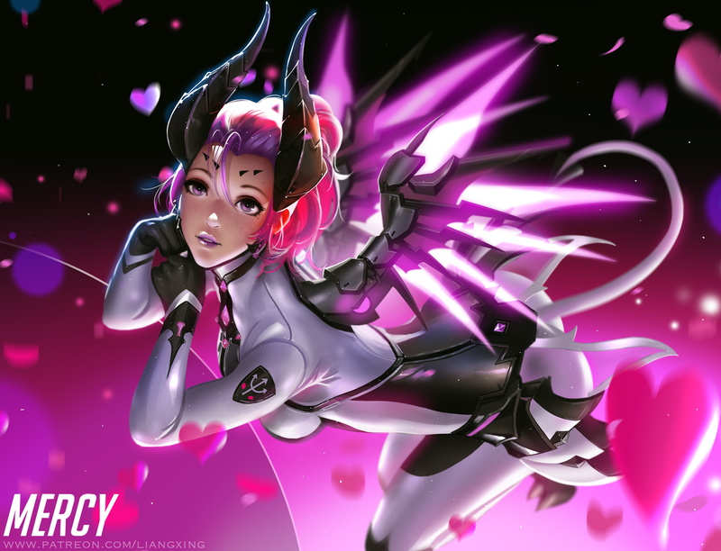 Liang Xing, Overwatch, glowing, 4K, video game girls, digital art, artwork, women, looking at viewer, fan art, freckles, tail, pink, bodysuit, horns, wings