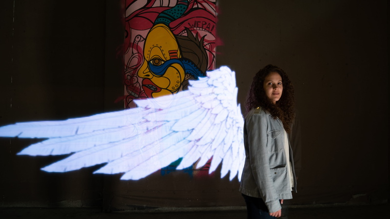hairstyle, costume wing, wings, sleeve, column, model, paint, building, mural, animal wing, person, pillar, holding, girl, Brazilian, woman, leisure activity