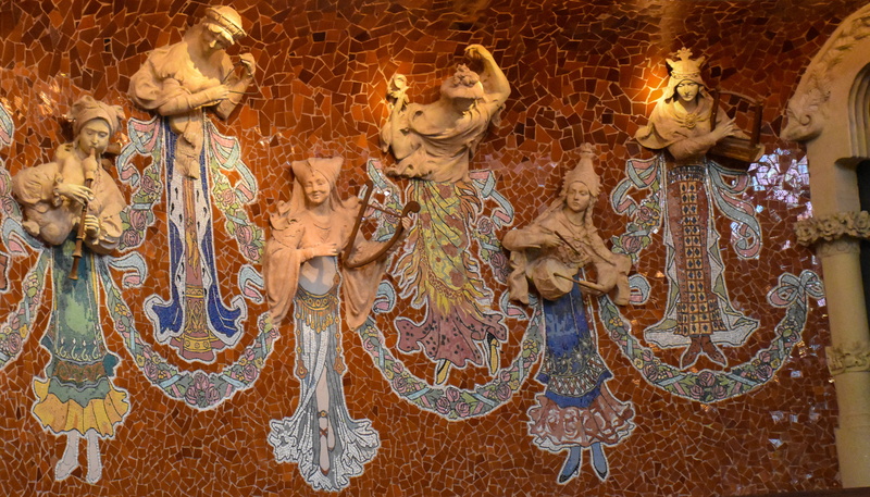 female likeness, statue, indoors, art, craft, festival, palau de musica catalana, 5K, creativity, person, representation, mural, human, music, no people