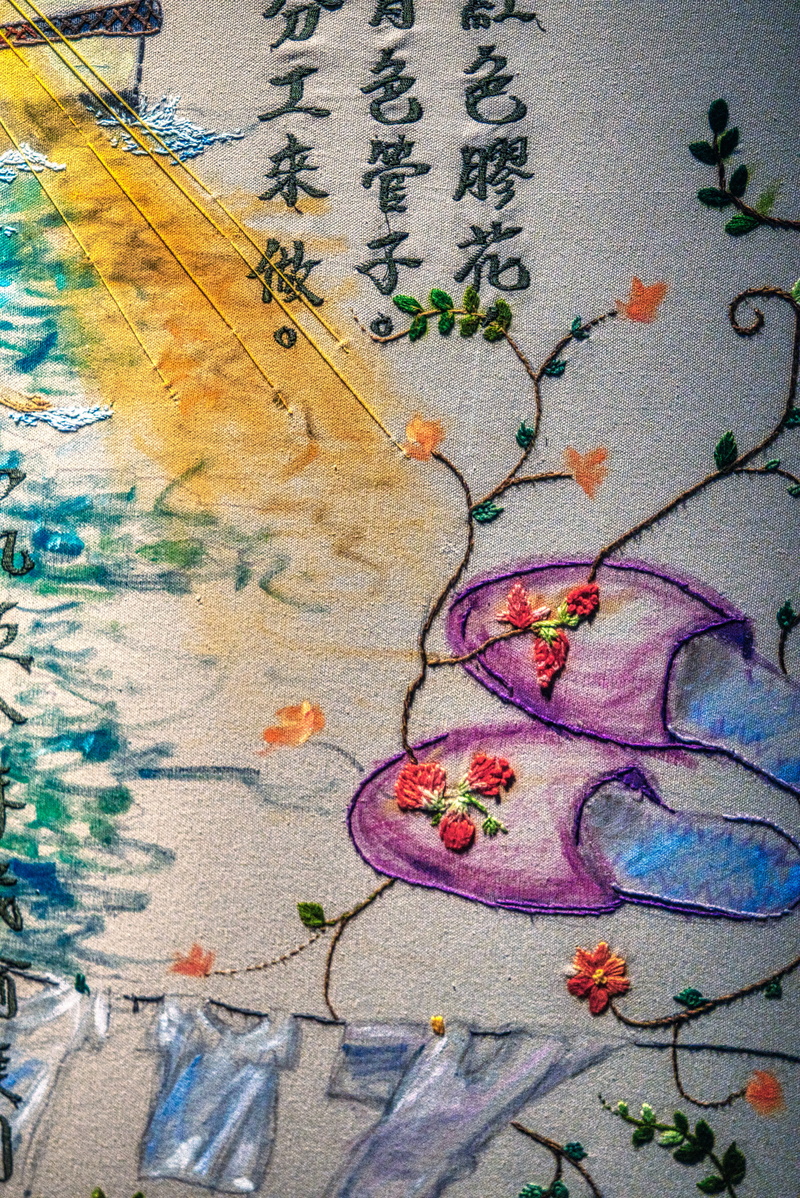 rug, paint, teal, quilt, paint container, applique, embroidery, high angle view, pink color, day, drawing - art product, backgrounds, graffiti, paper, stitch
