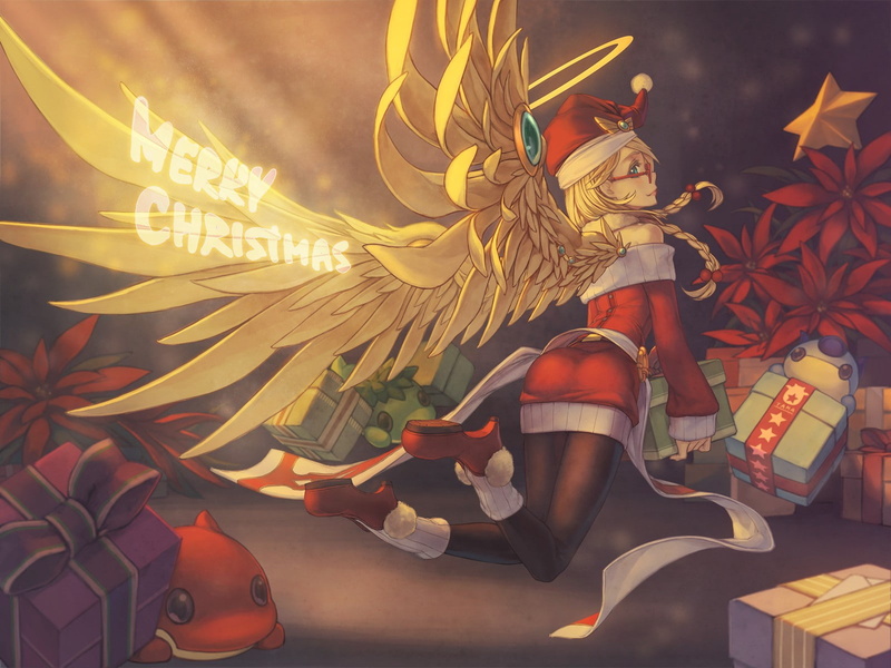 long hair, meganekko, anime girls, anime, twintails, 720P, blonde, wings, Puzzle and Dragons, glasses, archangel