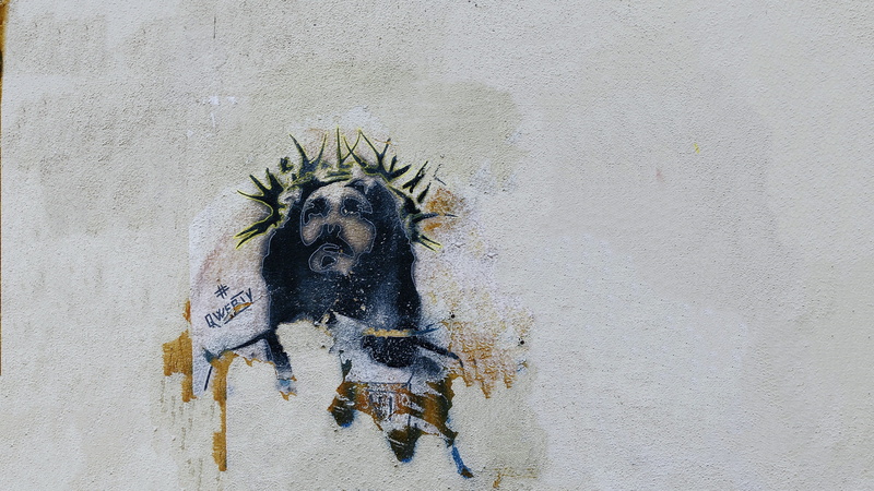 creativity, representation, faith, day, street art, painting, bumblebee, human representation, mammal, crown of thorn, wall art, white color, art and craft