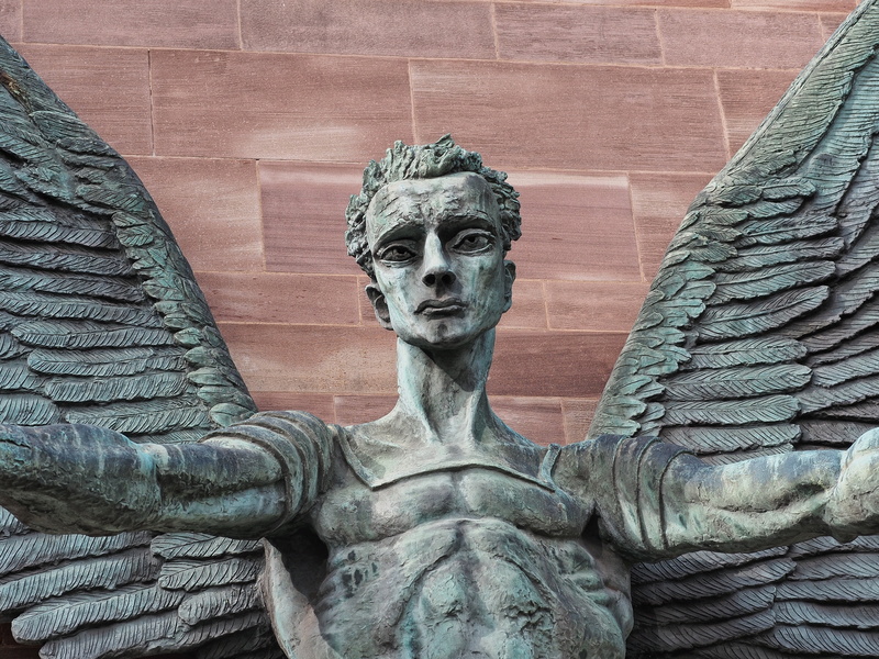 stone material, wall, wall - building feature, mammal, angel, male likeness, embrace, wing, 4K, sculpture, archangel, creativity, craft, day, michael