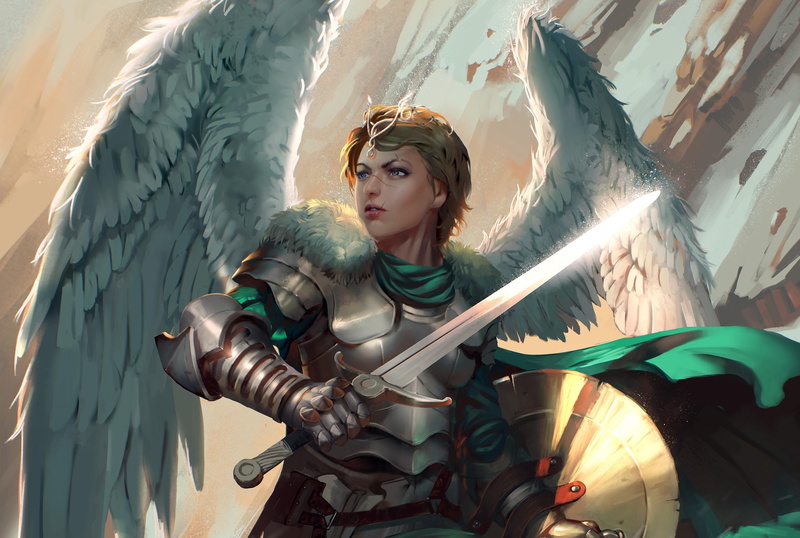 art, armor, archangel, 4K, wings, Valkyrie, painting, look, shield, sword, fiction