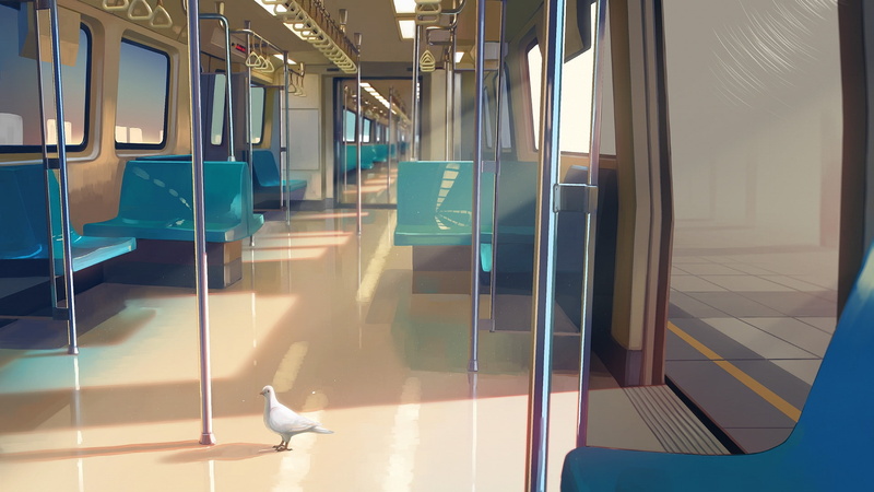 glass - material, vehicle seat, seat, train - vehicle, mode of transportation, interior, rail transportation, indoors, pigeon, window, Anime, day, transparent