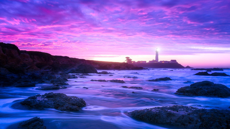 tower, solid, beauty in nature, sea, purple landscape, water, cloud - sky, rock - object, 1080P, ocean, rock, guidance, purple, coast, united states, sunset