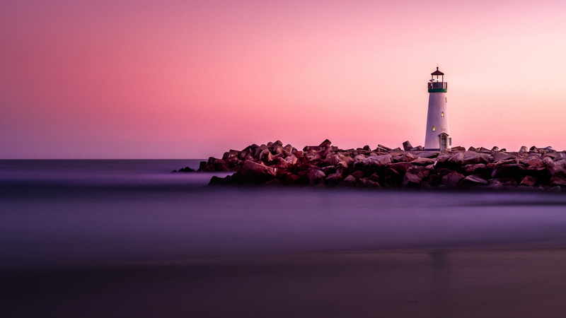 building, no people, seabright lighthouse, 5K, land, coastline, lighthouse, purple, 5k, coast, breakwater, beach, calm, horizon over water, santa cruz breakwater lighthouse