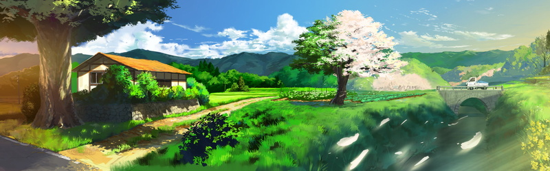 peaceful, residential district, building exterior, water, no people, plant, peace, landscape, tree, anime, outdoors, building, house, architecture, cloud - sky