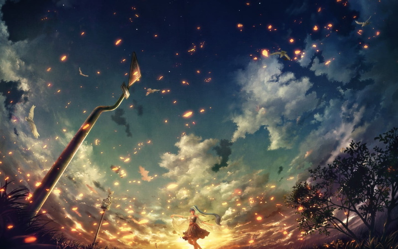 anime girls, artwork, nature, sky, glowing, plant, beauty in nature, outdoors, cloud - sky, haired, silhouette, low angle view, illuminated, cloudy, celebration