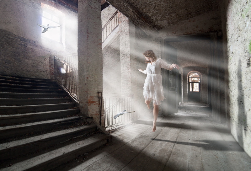 shadow, photo manipulation, indoors, mid-air, dancing, real people, adult, built structure, architecture, one person, young adult, stairs, motion, day