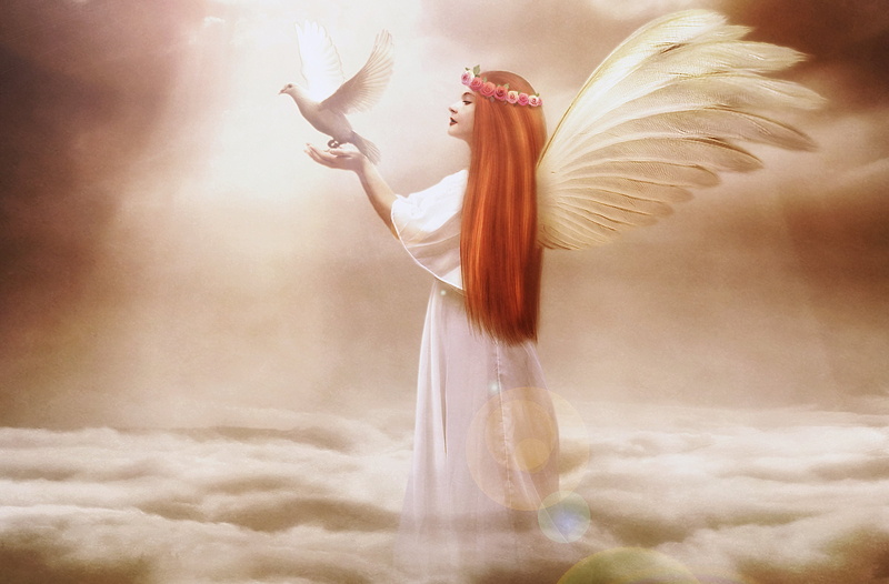girls, girl, pigeons, redhead, clouds, wings, fantasy, angels, angel, 2K