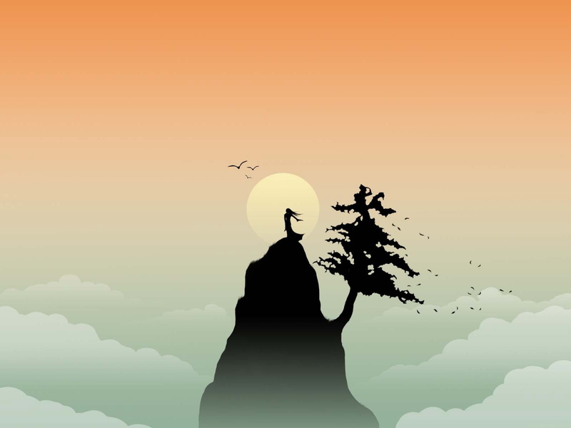 dusk, scenics - nature, freedom, people, sunset, creativity, real people, back Lit, black Color, spirituality, woman, animal, cliff, lifestyles, silhouette