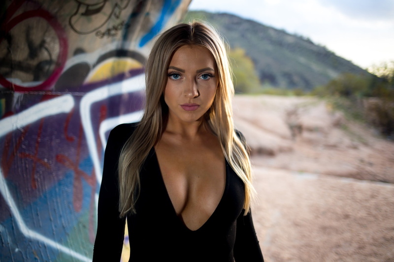 fashion, women, hair, graffiti, hairstyle, waist up, blue eyes, black dress, young adult, outdoors, 1080P, standing, looking at camera, beauty, young women