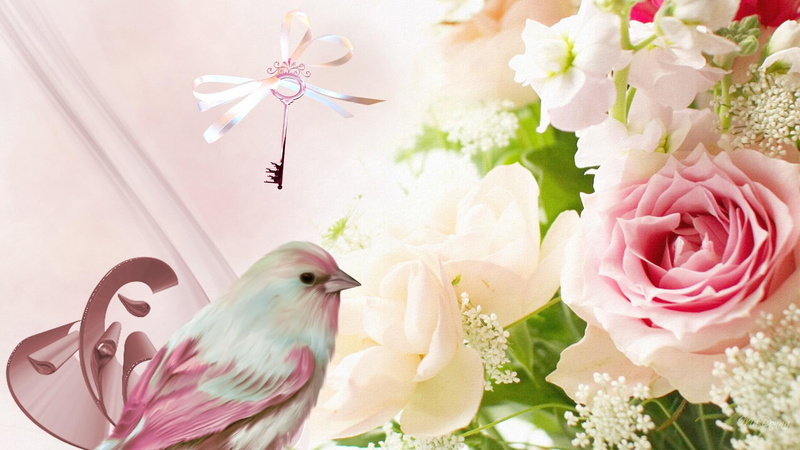 flowers, 3d and abstrac, spring, summer, leaves, floral, 1080P, swish, beauty, firefox persona, rose, key, roses, bird