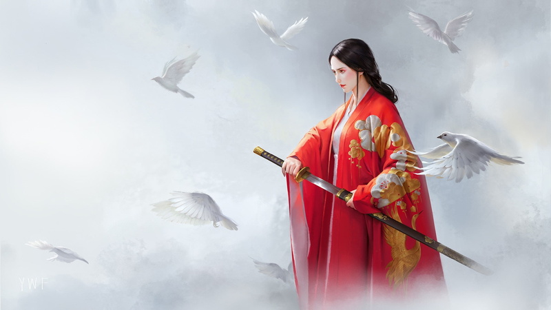 Kimono, 1080P, Fantasy, Katana, Girl, Sword, Bird, Oriental, Women Warrior, Woman Warrior, Dove, Black Hair