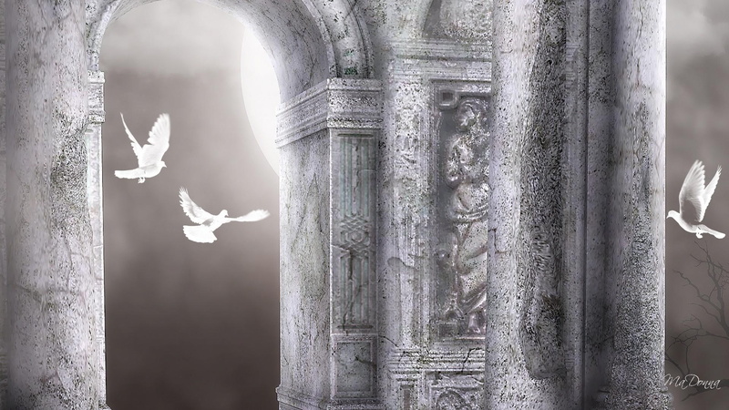 birds, peace, church, doves, arch, peaceful, 1080P, moon, antiquity, firefox persona, 3d and abstract