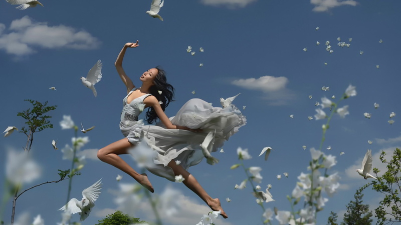 barefoot, birds, dancing, dove, 1080P, Asian