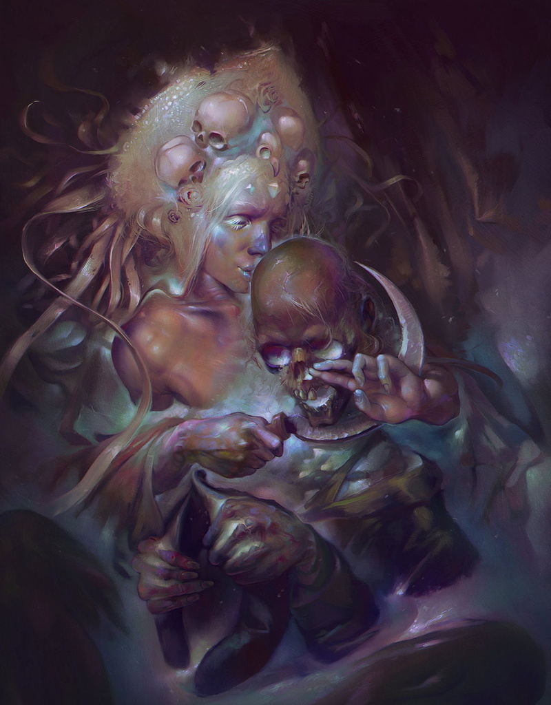 Apterus, white hair, 720P, skull, sickle, women, horror, drawing, corpse