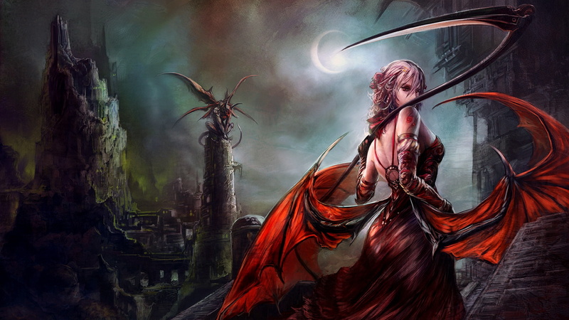 girl, moon, sickle, dress, dark, wings, Dark angel, fantasy, sickle moon, 1080P, tower, demon, artwork, night, angel, bare back, fantasy art