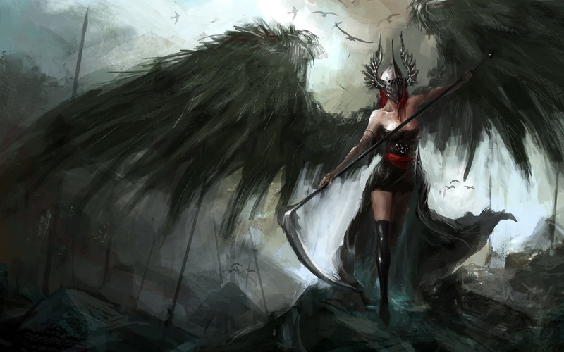 sickle, fantasy art, fantasy girl, stockings, 2K, wings, artwork, demon, dark fantasy
