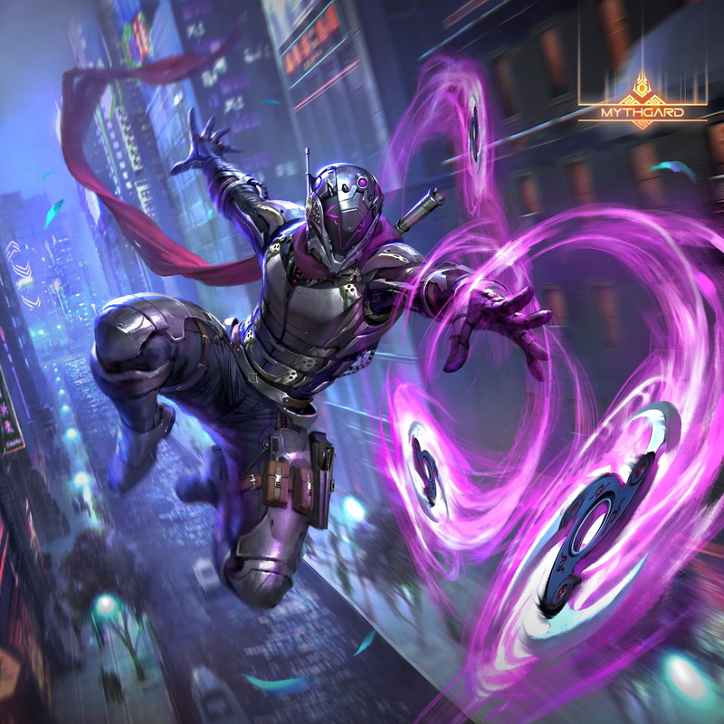 blades, night, drawing, city, weapon, purple, shinobi, warrior, cyberpunk, 4K, Ninja, shuriken, armor, Fajareka Setiawan, helmet