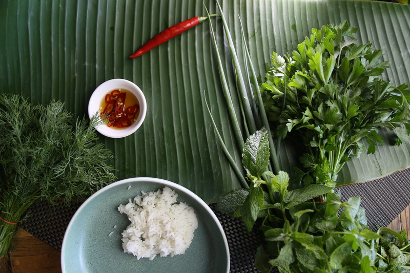 bowl, food, still life, indoors, wellbeing, banana leaf, high angle view, serving size, directly above, herb, healthy eating, vegetable, eating, table
