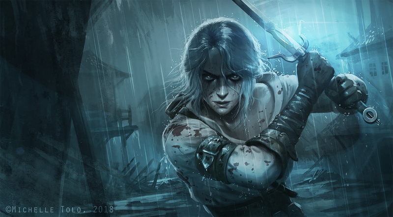 720P, ArtStation, CD Projekt RED, video game girls, women, Cirilla, sword, Ciri, digital art, video game characters, Michelle Tolo, wet look, rain, video games