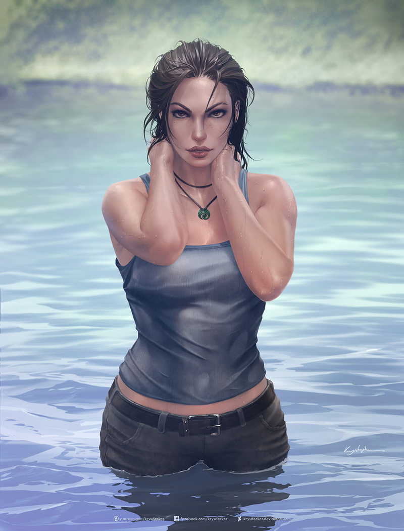 short hair, dark hair, video game girls, artwork, standing, necklace, Lara Croft, digital art, wet, Tomb Raider, digital painting, video game art, video game characters