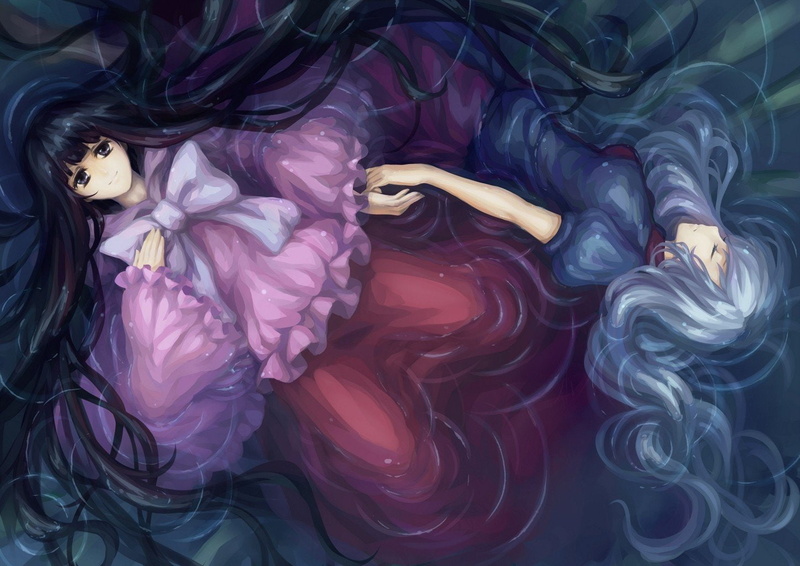 eirin, touhou, black, bangs, kaguya, smiling, games, video, holding, houraisan, white, eyes, bows, 720P, wet, imperishable, nurses, hair, floating, brown