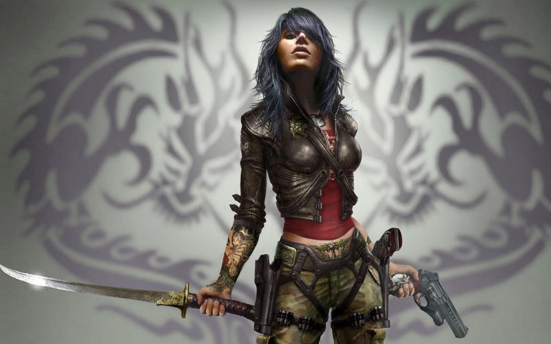 2K, guns, game, black, video, swords, warriors, wet, hair, women