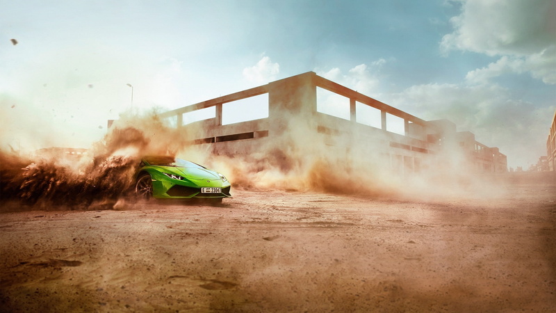 Drift, Lamborghini, Green, Dust, Supercar, Speed, 1080P