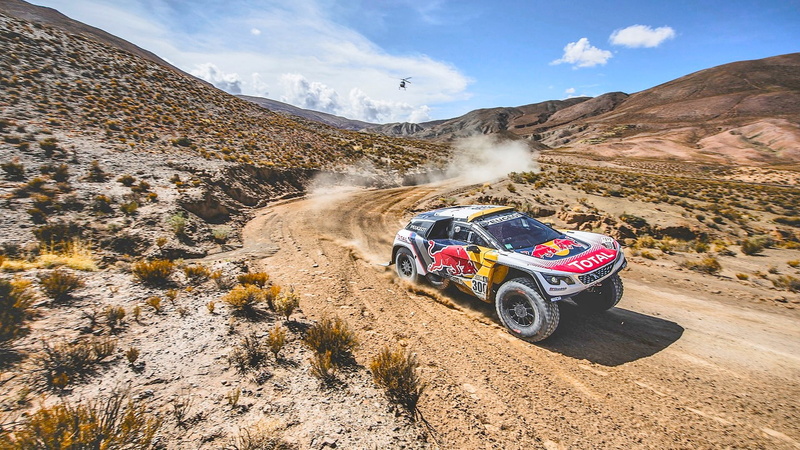 Sport, Lights, Helicopter, Red Bull, Dirt, Dakar, Peugeot 3008 DKR, Speed, DKR, Peugeot, 1080P, 3008, The sky, Rally, Race