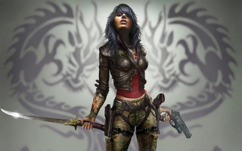 women, 720P, artwork, gun, girls with guns, fantasy art, Wet (Video Game), dark hair, warrior, sword