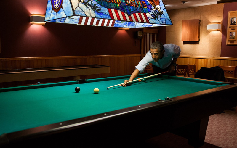 indoors, pool table, bending, leisure activity, barack obama, ball, adult, pool hall, pool - cue sport, standing, lifestyles, aiming, leisure games, table