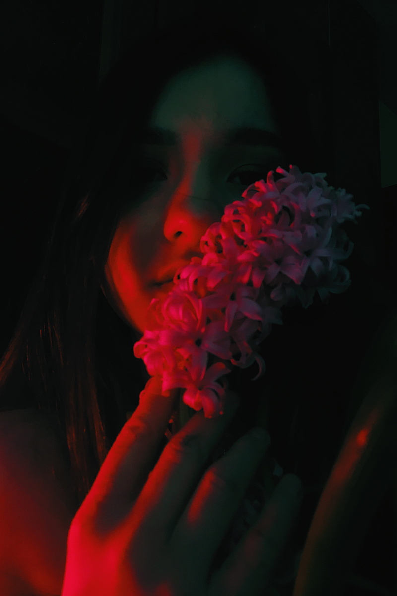 women, lifestyles, headshot, holding, flower, film, close-up, film camera, black background, säken seyfullin street 9/1, colors, астана, red, pink, petal