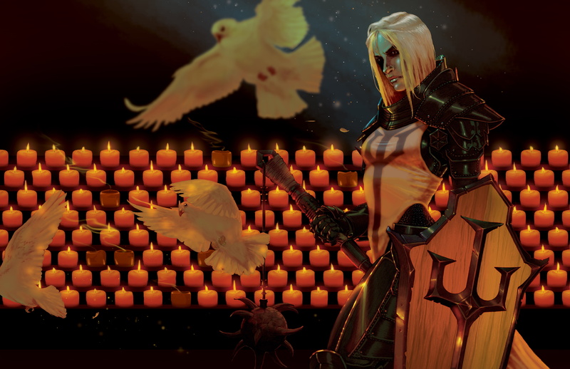 dove, birds, 4K, crusader, girl, shield, art, diablo 3, candles, Diablo III: Reaper of Souls