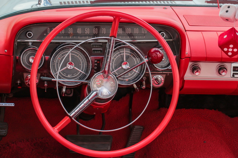 nostalgia, american, vintage car, usa, motor vehicle, transportation, pkw, shape, auto, close-up, land vehicle, car, dashboard, wheel, red, chrome, retro styled
