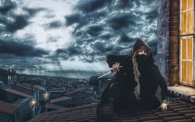 sky, rooftops, 1080P, clouds, Dishonored, dishonored 2, window, cityscape, cosplay, women