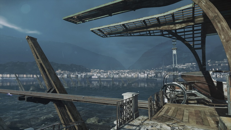 Dishonored, scenics - nature, outdoors, dishonored 2, city, land, building exterior, sky, bench, nautical vessel, transportation, landscape, day, karnaka