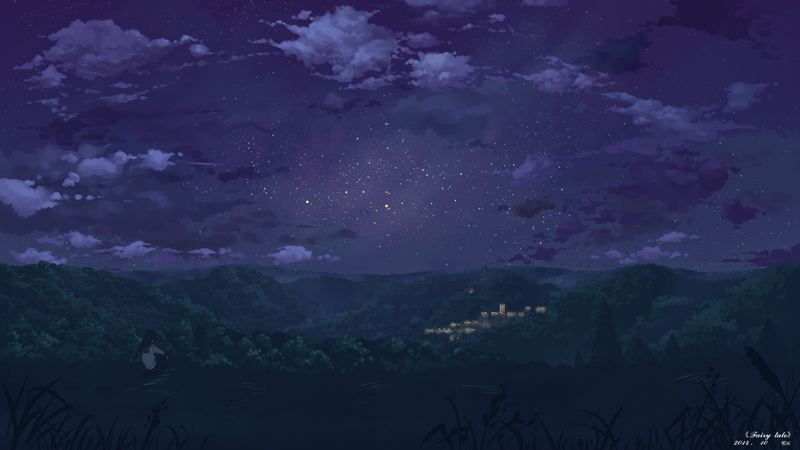 anime, sky, space, galaxy, stars, astronomy, idyllic, star, untitled, silhouette, night, beauty in nature, 1080P, outdoors, cloud - sky, tree, star - space