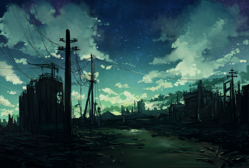 720P, stars, clouds, dark, sky, ruin, anime